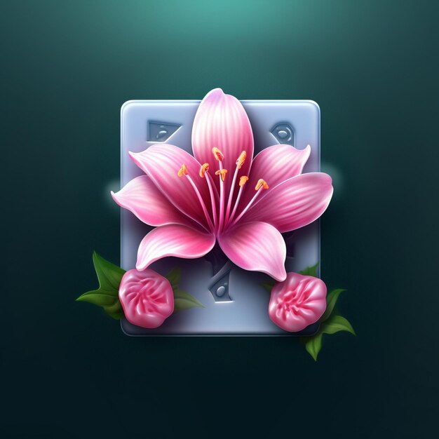 There is a pink flower on a button with green leaves generative ai