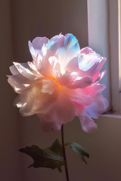 there is a pink flower that is sitting in front of a window generative ai