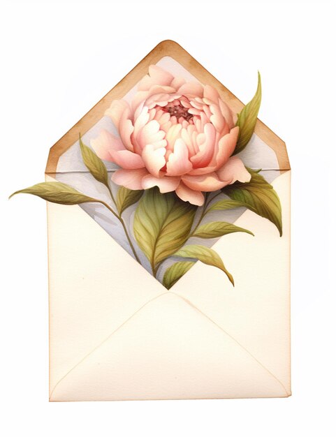 there is a pink flower on a white envelope with a green leaf generative ai