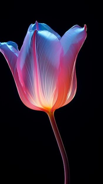 There is a pink flower with a blue stem on a black background generative ai