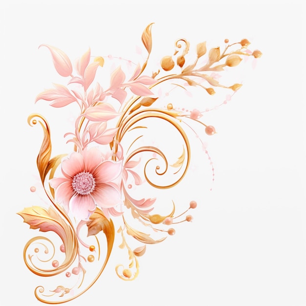 there is a pink flower with gold leaves and a white background generative ai