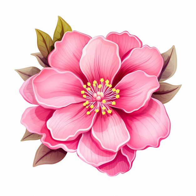 there is a pink flower with green leaves on a white background generative ai