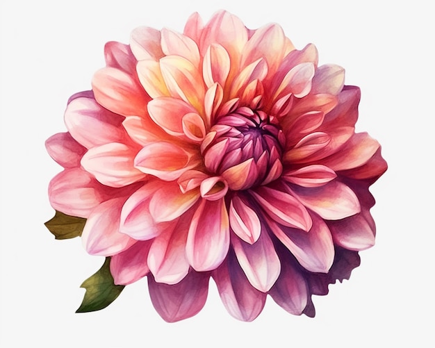 there is a pink flower with green leaves on a white background generative ai