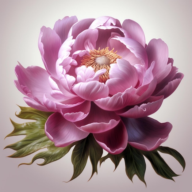 There is a pink flower with green leaves on a white background generative ai