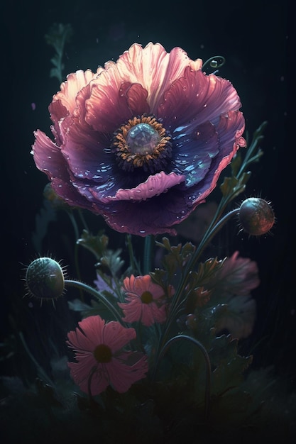 there is a pink flower with a yellow center in the dark generative ai