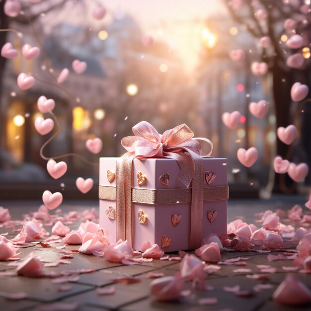 there is a pink gift box with a bow and a pink ribbon generative ai