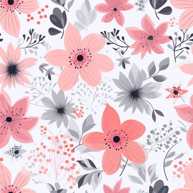 白い背景にピンクと灰色の花のパターンがあります