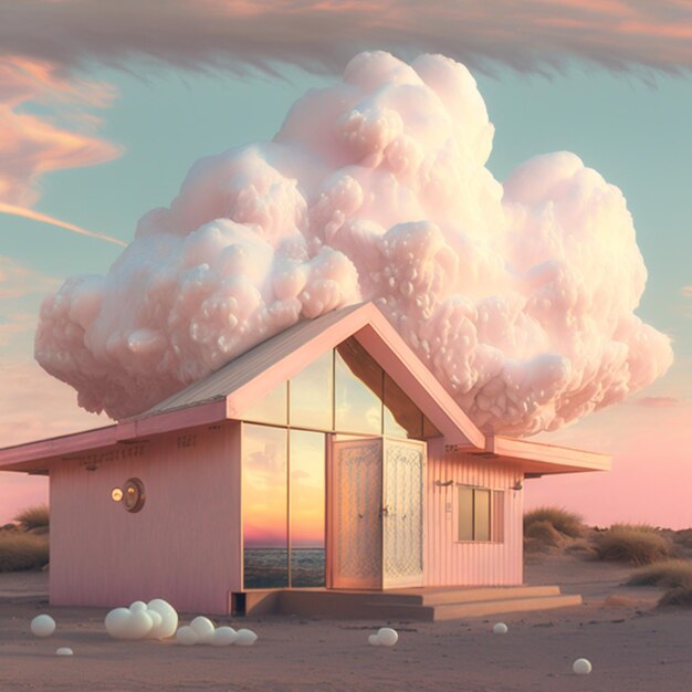 there is a pink house with a cloud in the sky generative ai