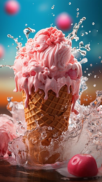 There is a pink ice cream cone with pink cherries in it generative ai