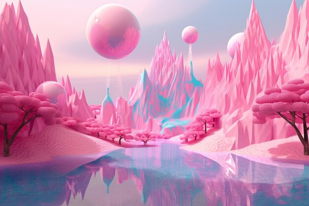 There is a pink landscape with a mountain and a lake generative ai