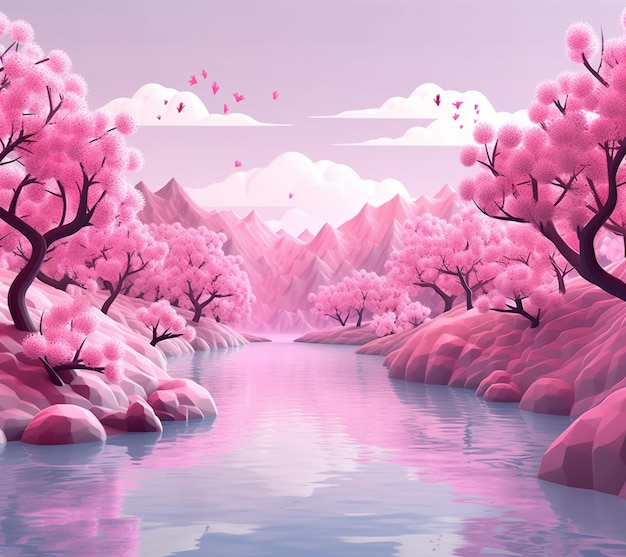 There is a pink landscape with a river and mountains in the background generative ai