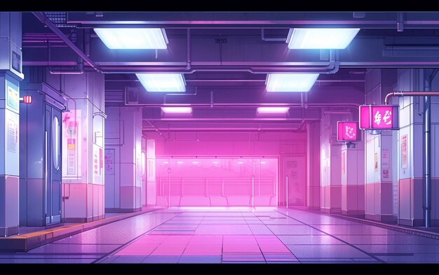 there is a pink light in the middle of a hallway generative ai