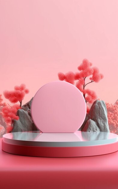 There is a pink object on a pink surface with trees generative ai