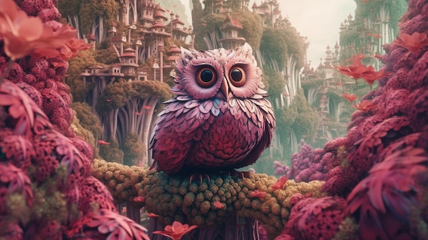 There is a pink owl sitting on a tree stump in a forest generative ai