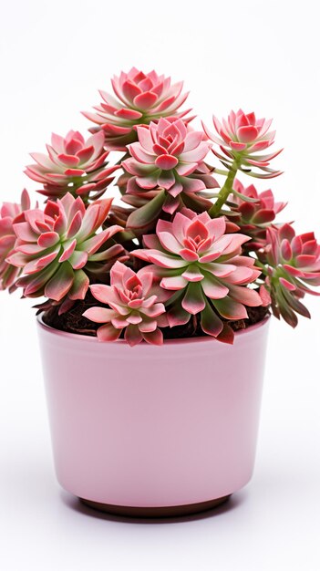 There is a pink pot with a plant in it on a white surface generative ai