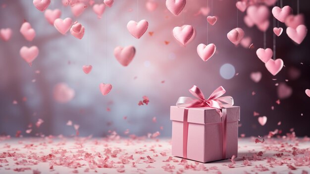 there is a pink present box with a bow and hearts flying around generative ai
