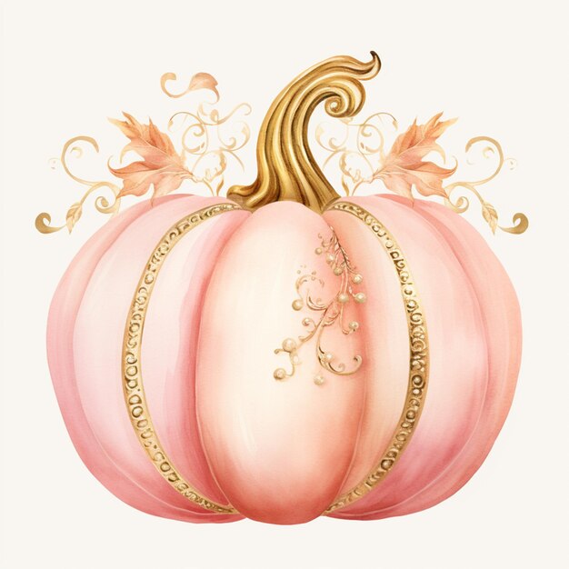 there is a pink pumpkin with gold decorations on it generative ai