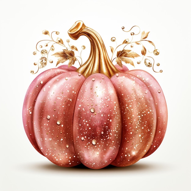 there is a pink pumpkin with gold decorations on it generative ai