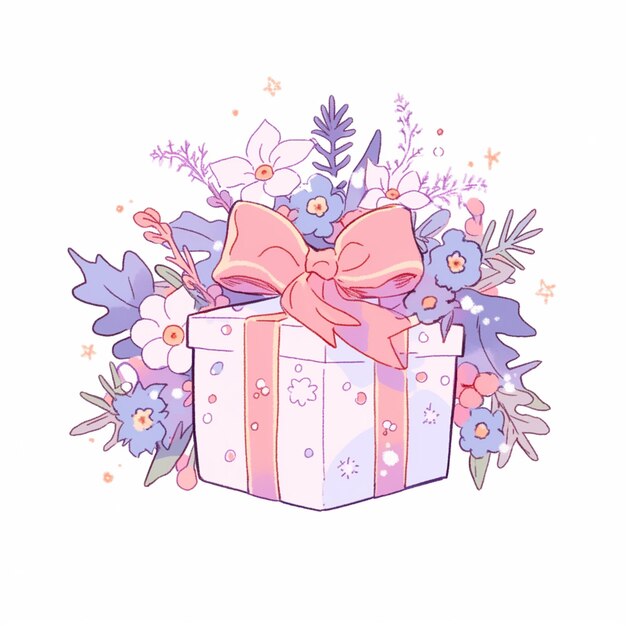 Photo there is a pink and purple present with a bow and flowers generative ai