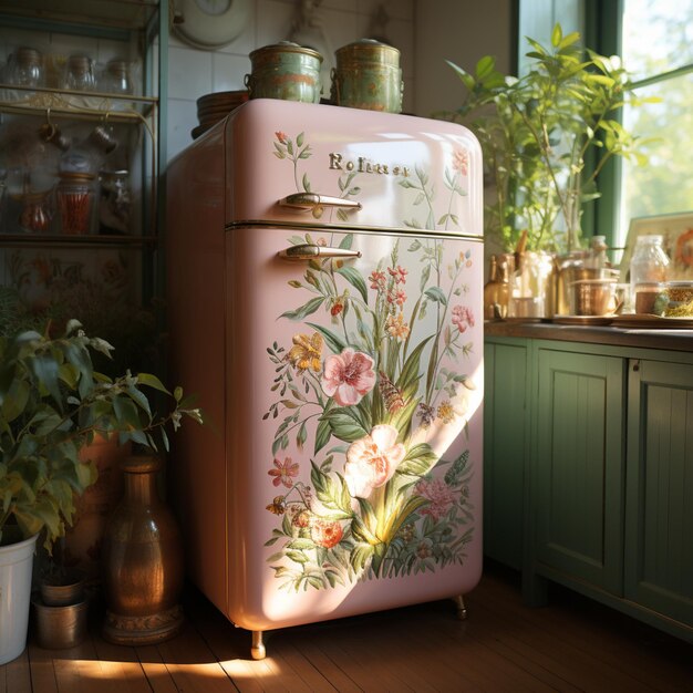 Foto c'è un frigorifero rosa con un disegno floreale generativo ai