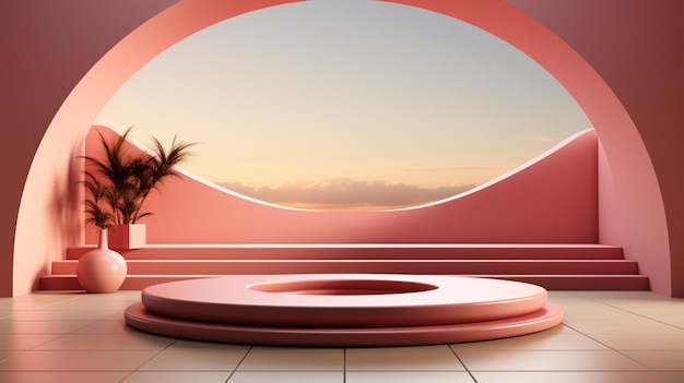 there is a pink room with a circular table and a plant generative ai
