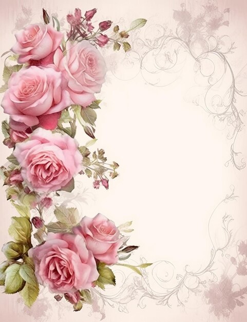 there is a pink rose border with a white background generative ai