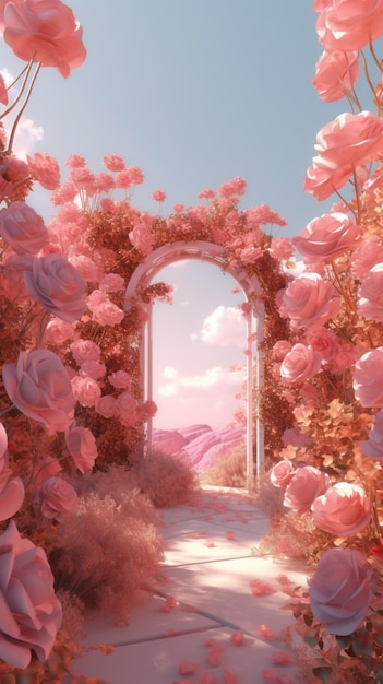 there is a pink rose garden with a white arch and flowers generative ai