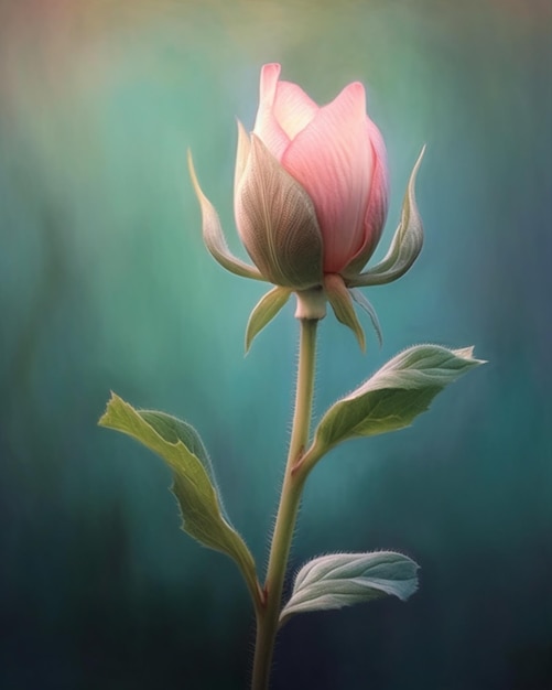 There is a pink rose that is blooming on a stem generative ai