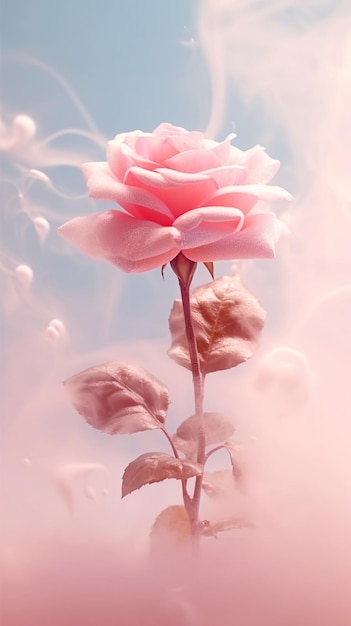 there is a pink rose that is in the middle of a field generative ai