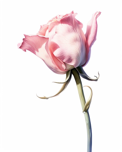 На столе стоит розовая роза в вазе.