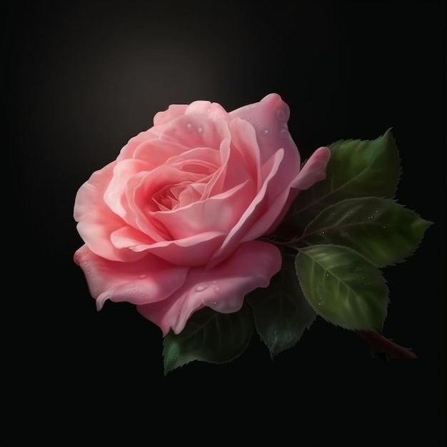 There is a pink rose with green leaves on a black background generative ai