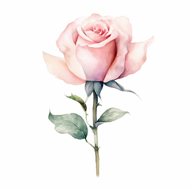 There is a pink rose with green leaves on a stem generative ai