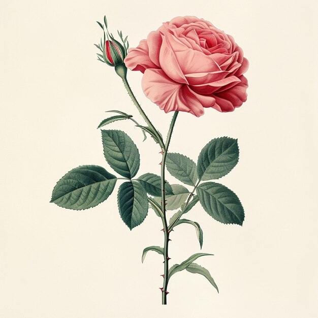 Photo there is a pink rose with green leaves on a stem generative ai