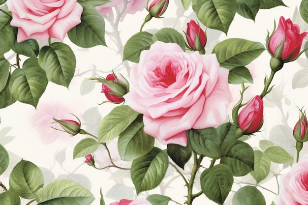 There is a pink rose with green leaves on a white background generative ai