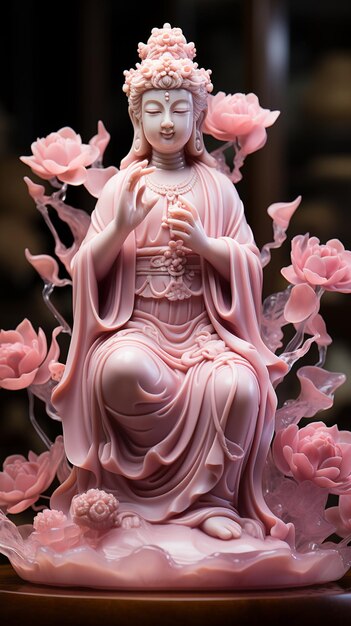 Foto c'è una statua rosa di una donna seduta su un tavolo fiorito generativo ai