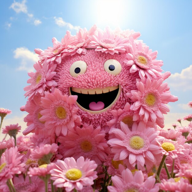 Photo there is a pink stuffed animal with a smile on its face surrounded by flowers generative ai