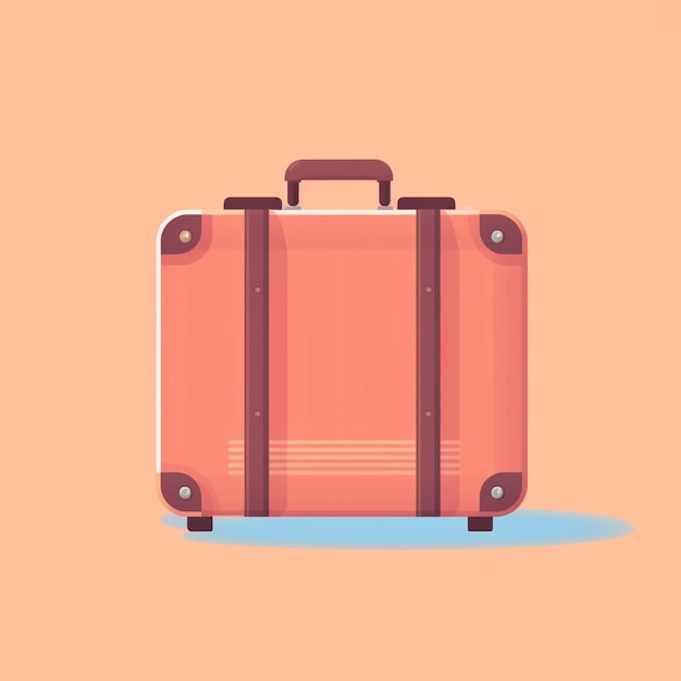 黄色の背景に茶色のハンドルを持つピンクのスーツケースがあります