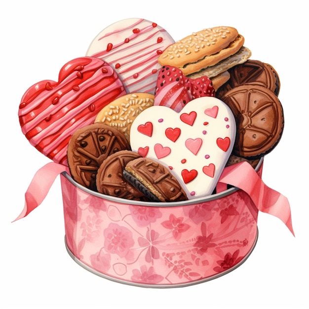 there is a pink tin filled with assorted cookies and cookies generative ai