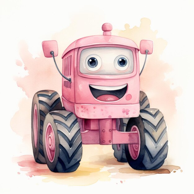 Photo there is a pink tractor with a big smile on it generative ai