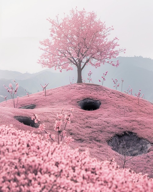 there is a pink tree on a hill with a hole in the ground generative ai