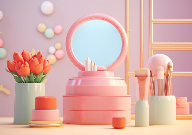 There is a pink vanity with a mirror and a bunch of makeup brushes generative ai