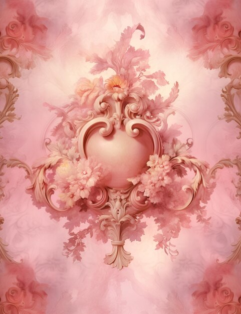 There is a pink wallpaper with a heart shaped frame and flowers generative ai