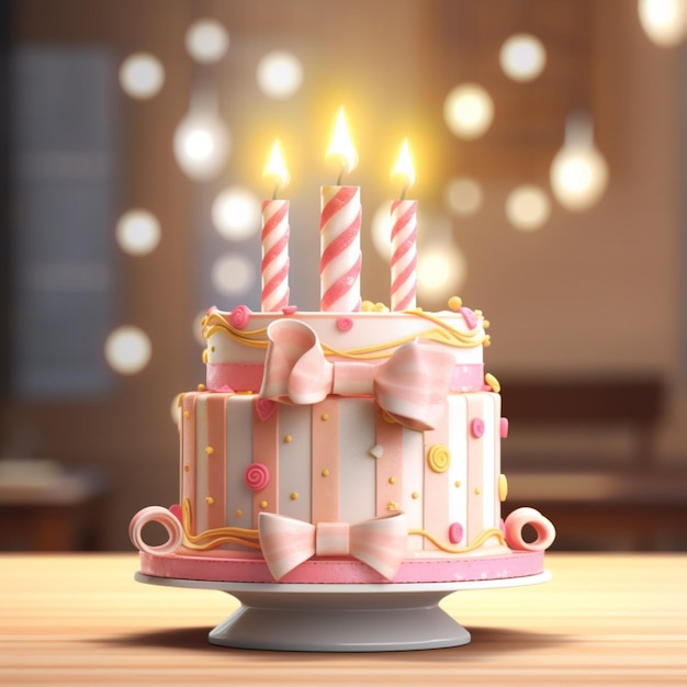 there is a pink and white cake with three candles on it generative ai