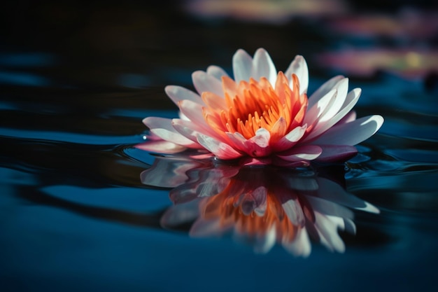 There is a pink and white flower floating on the water generative ai