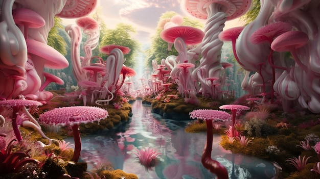 there is a pink and white forest with lots of pink mushrooms generative ai