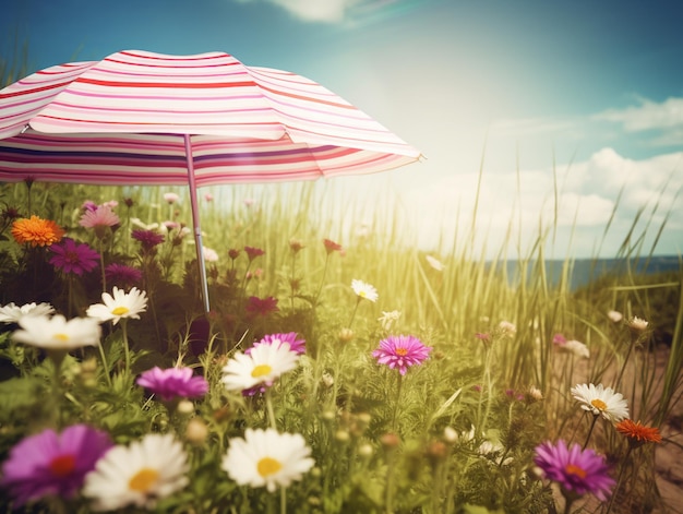 There is a pink and white umbrella in a field of flowers generative ai