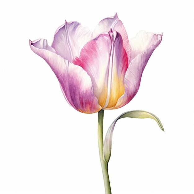 There is a pink and yellow flower with a stem on a white background generative ai