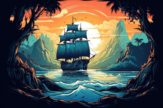 There is a pirate ship on the water Generative AI