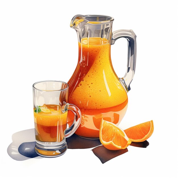 there is a pitcher of orange juice next to a glass of orange juice generative ai