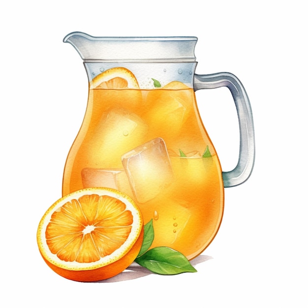 there is a pitcher of orange juice with ice and a slice of orange generative ai